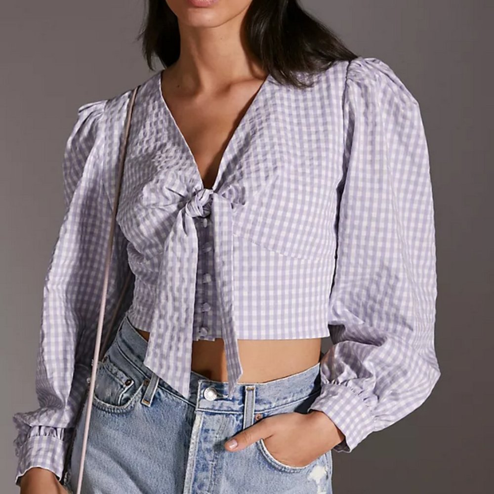 Gingham Puff Sleeve Top in Purple